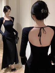 Aiertu Vintage Elegant Halter Bcakless Black Long Dress Women Retro Wrap Party Long Sleeve Maxi Dresses 2024 Spring Aiertu