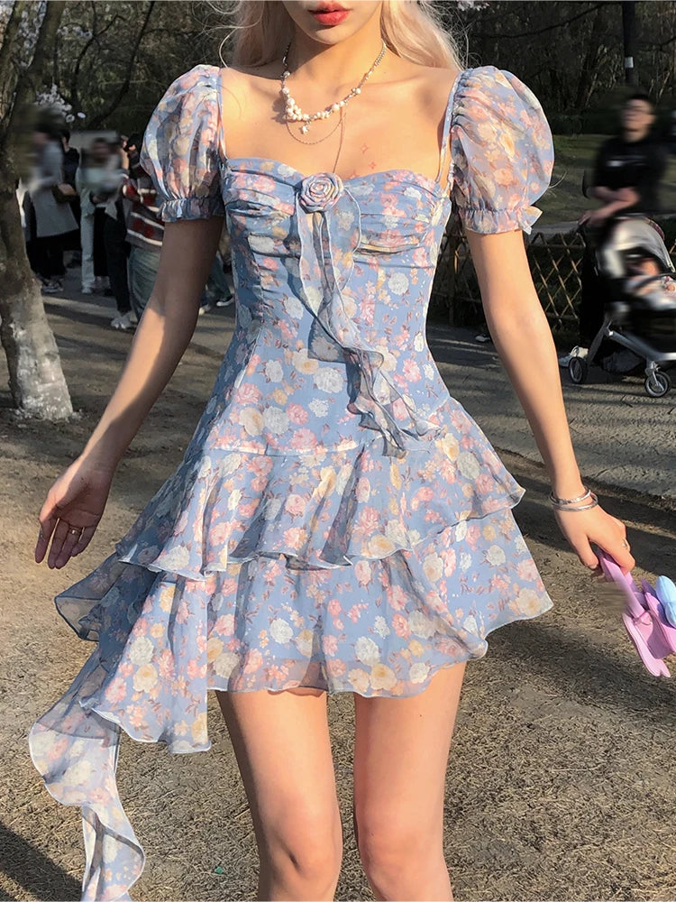 Aiertu Summer Floral Y2k Mini Dress Holiday Beach Irregular Chiffon Dress Casual Korean Fashion Short Party Dress Elegant Clothing Aiertu