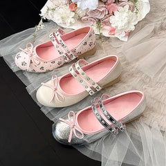 AIERTU  -  Pink Floral Pattern Low Heel Mary Jane Shoes Women Summer Comfort Silver Bowknot Ballet Flats Woman's Lolita Shoes Aiertu