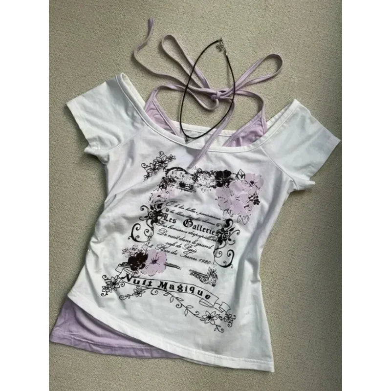 Aiertu Summer Fake Two Pieces Halter Bandage Vintage T-shirts Y2k Aesthetic Slim Crop Tops Women Grunge Print Harajuku Casual Sexy Tee Aiertu