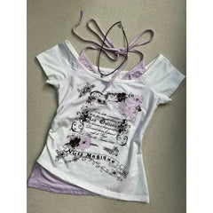 Aiertu Summer Fake Two Pieces Halter Bandage Vintage T-shirts Y2k Aesthetic Slim Crop Tops Women Grunge Print Harajuku Casual Sexy Tee Aiertu