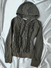 AIERTU  -  Early Autumn American Retro Hoodies Vintage Gray Military Green Distressed Long sleeved Coats Thin Jacket  Ruffled Edge Hoodies Aiertu