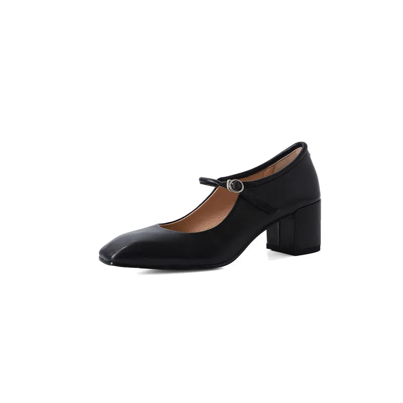 Fashion Pumps New High Quality Genuine Leather Vintage Mary Jane Shoes Square Toe High Heels Flat Shoes Lightweight Shoes Aiertu