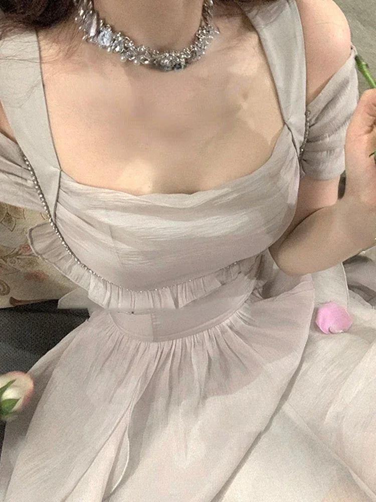 Aiertu French Elegant Fairy Midi Dress Office Lady One Piece Dress Korean Fashion 2024 Summer Pure Color Sweet Even Party Dress Woman Aiertu