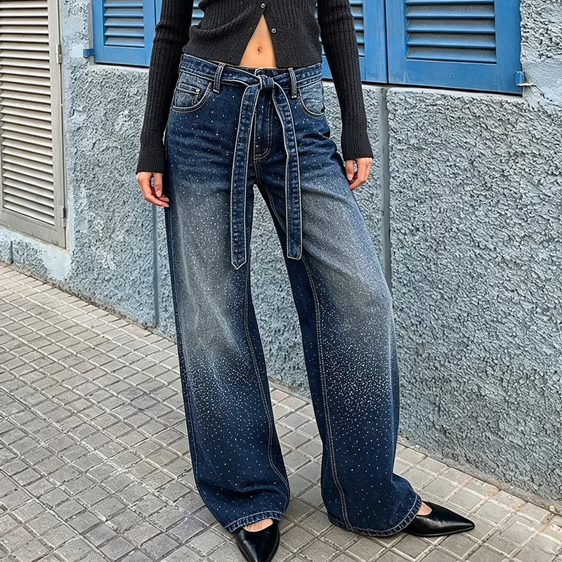 AIERTU  -  Y2K Rhinestone Jeans High-Waisted Ombre Gradient Wide Leg Denim Pants with Sashes All-Over Sparkle Detail Trouser 90s Streetwear Aiertu
