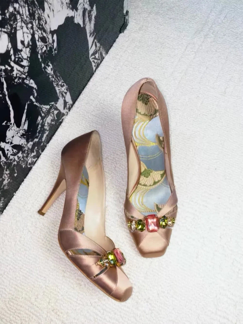 AIERTU  -  Women Pink Satin High Heel Pumps Elegant Square Toe Sparkling Rhinestone Gem Decor Cutout Design Stiletto Heels Footwear Aiertu