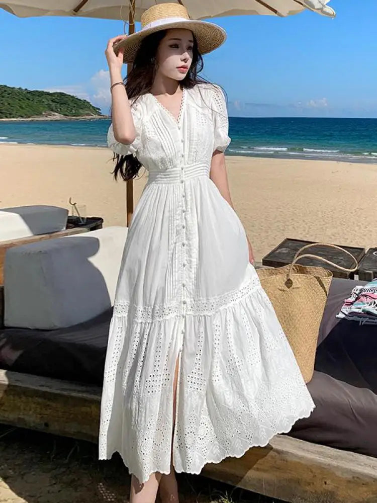 Aiertu Vintage Summer White Hollow Out Embroidery Long Dress For Women V Neck Short Sleeve High Waist Slim Evening Party Dresses French Aiertu