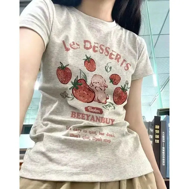 Aiertu Y2k Aesthetic Summer New Cartoon Strawberry T-shirts Harajuku Short Sleeve Loose OCasual Tops Women O Neck All Match Casual Tees Aiertu