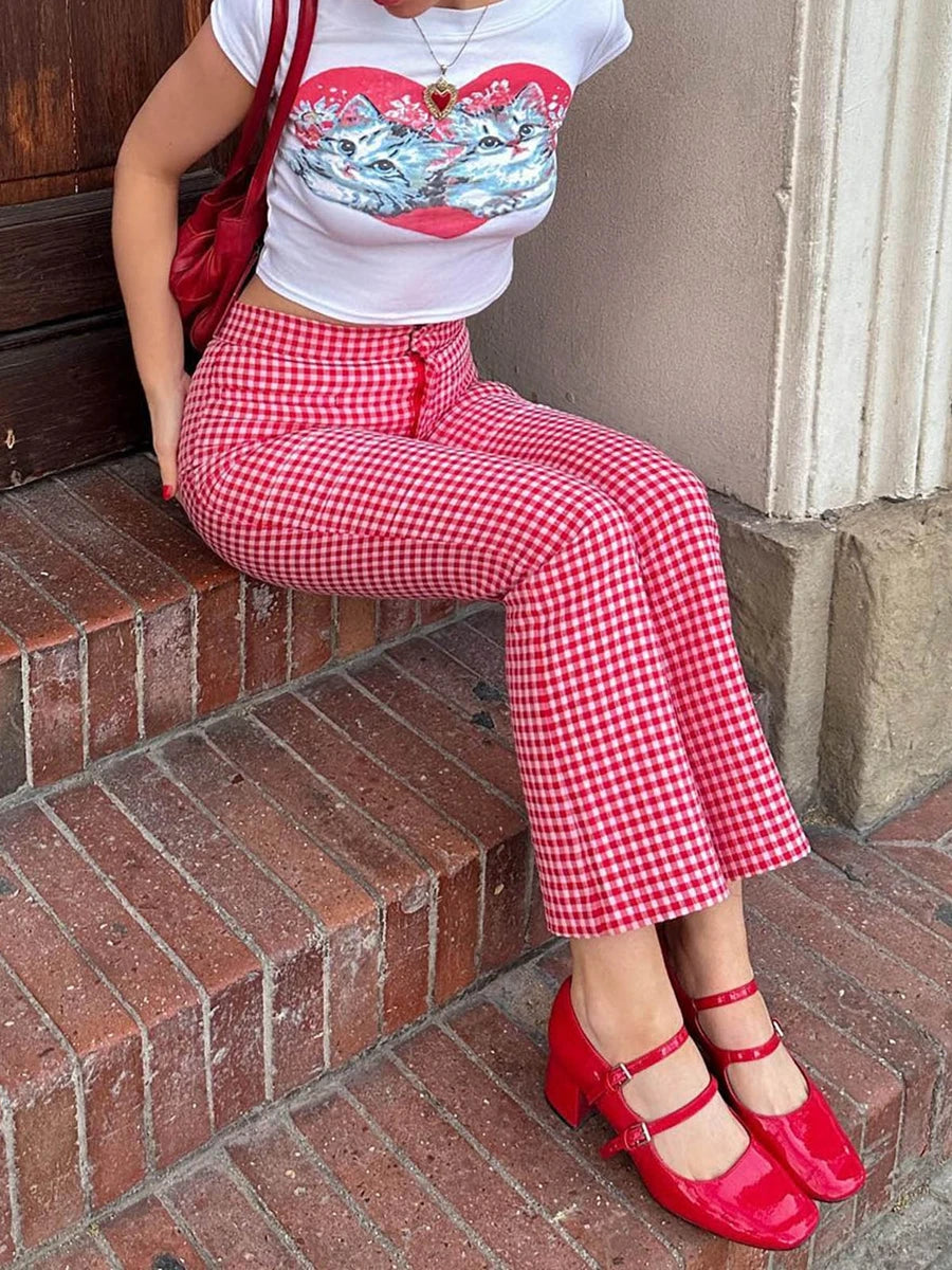Aiertu Women Red Gingham Straight Leg Flare Pants High Waist Plaid Checkerboard Printed Y2k Vintage Trousers Summer Streetwear Aiertu