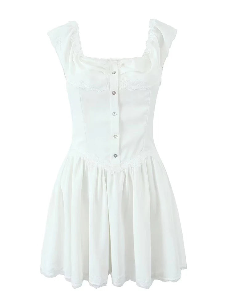 Aiertu-2024 Women's French vintage single-breasted lace ruffle one-shoulder dress. summer. new style. Chic mini skirt. Aiertu