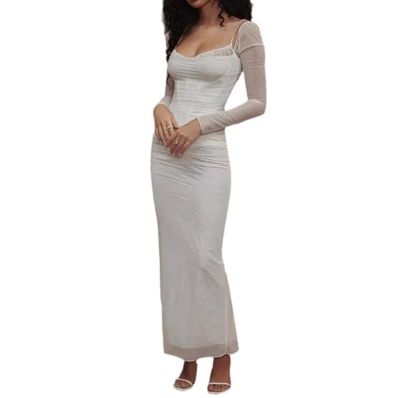 AIERTU  -  Spring Summer Fashion Long Sleeve Mesh Dress High End Slim Temperament Slit Long Dress Aiertu