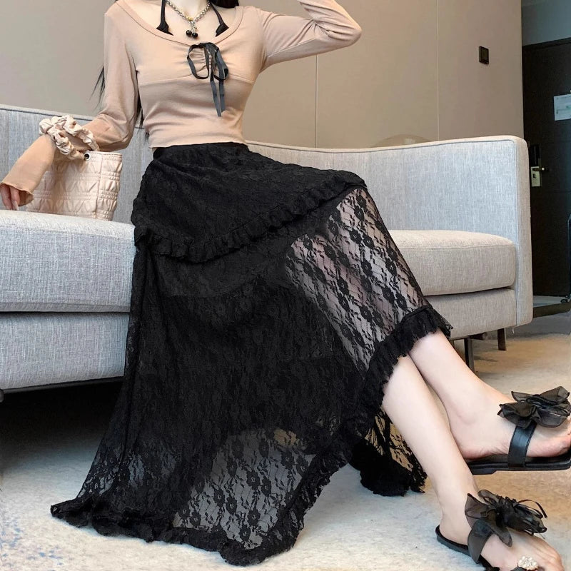 Aiertu Lace Fairycore Tulle Women Skirt Sweet Ruffle White Skirts Vintage Korean Style Streetwear Patchwork Irregular Skirt Aiertu