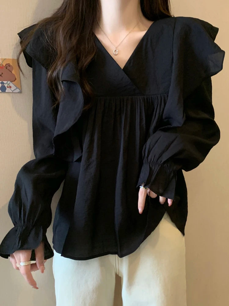 Stylish Flare Sleeve Spliced Ruffles Blouse Female Clothing Autumn New Oversized Casual Pullovers All - match Sweet Shirt Aiertu