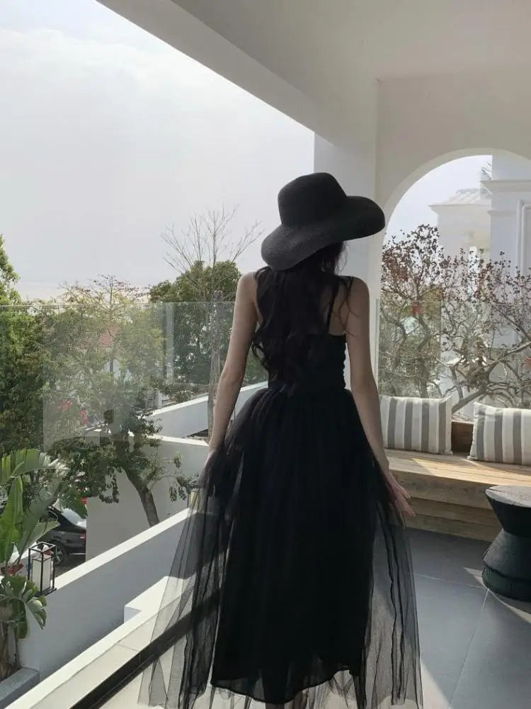 Aiertu Sleeveless Dress Women Mesh Long A-line Black Retro Elegant V Neck Fairy Sexy Pleated Sundress Summer Evening Party Ball Gown Aiertu