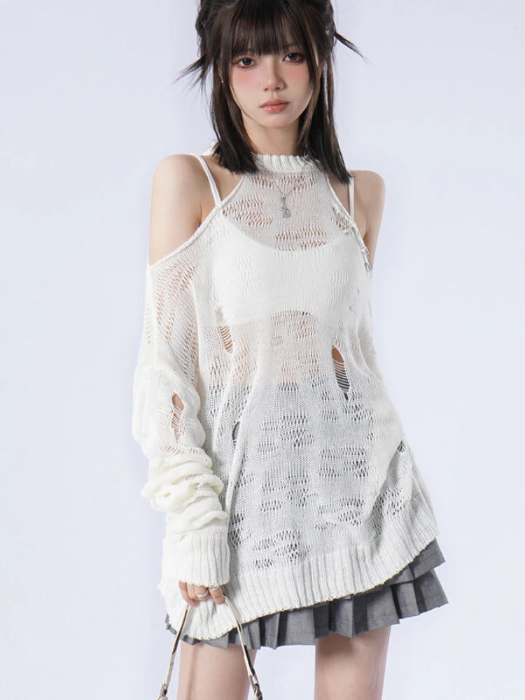 Aiertu Grunge Loose Women Sweaters Y2k Aesthetic Hollow Out Thin Pullovers 2024 Spring Long Sleeve Fashion Casual Kniited Tops Sexy Aiertu
