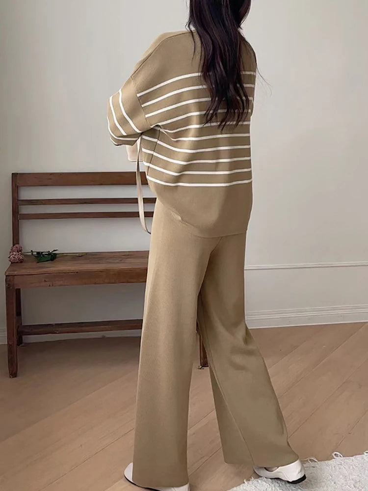Women Casual Knit Two Piece Set Striped Long Sleeve Loose Pullover Sweater and Pants Fall Sets Office Winter Women Outfit Aiertu