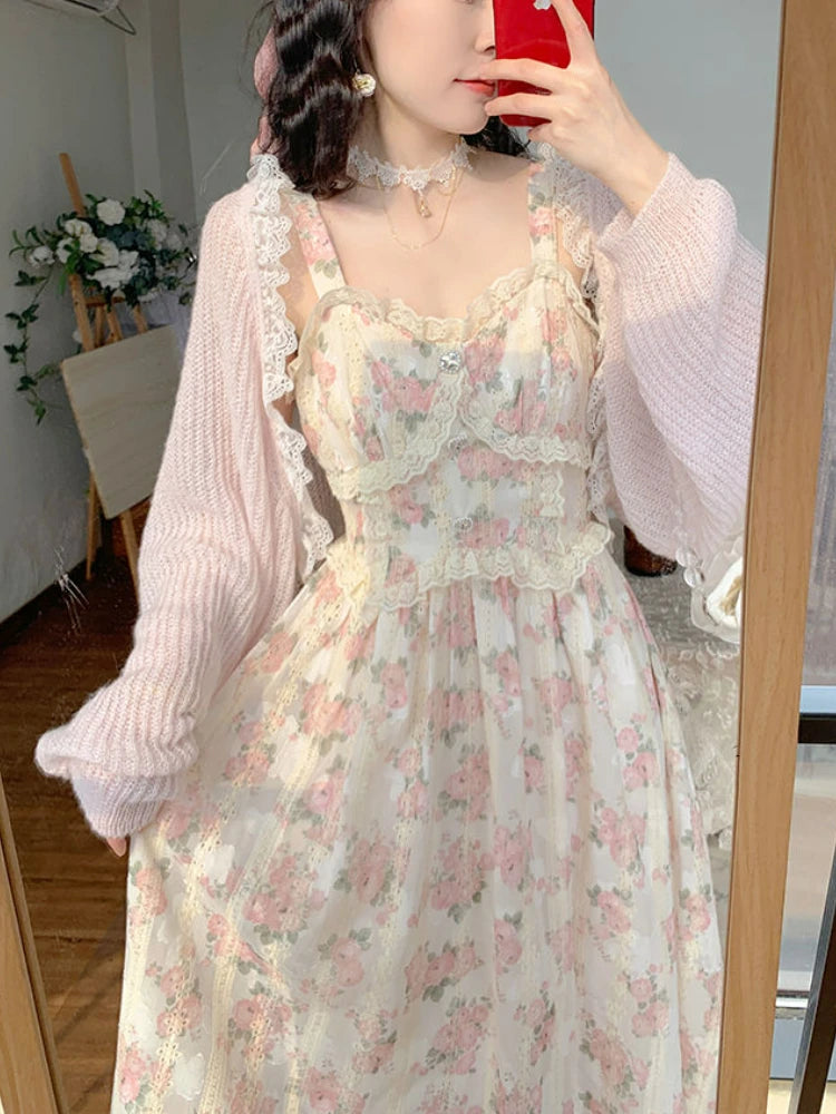 Aiertu Chiffon Lace Strap Dress Women Floral Embroidery Fairy Vintage Long Dress Female Sweet Princess Casual Party Dresses Summer Aiertu