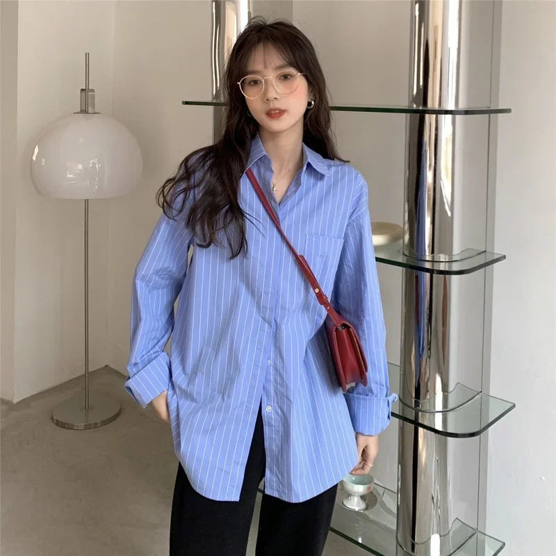 Aiertu Shirts Women Blue Striped Loose Harajuku Long Sleeve Casual Spring Tops Students All-match Fashion Simple Korean Ulzzang Chic BF aiertu