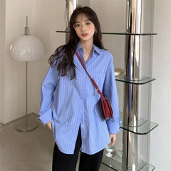 Aiertu Shirts Women Blue Striped Loose Harajuku Long Sleeve Casual Spring Tops Students All-match Fashion Simple Korean Ulzzang Chic BF aiertu