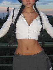 Aiertu FALL OUTFITS Y2K Aesthetic Vintage Basic Zip Up White Cropped Hoodies 2000s Fashion Big Pockets Front Hooded Long Sleeve Sweats Cute aiertu