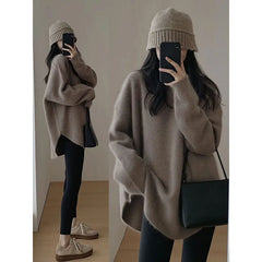 Spring Women New Korean Sweater Loose Knitting Warm Round Neck Falling Shoulder Sleeves Long Sleeved Solid Color All-match Tops Aiertu