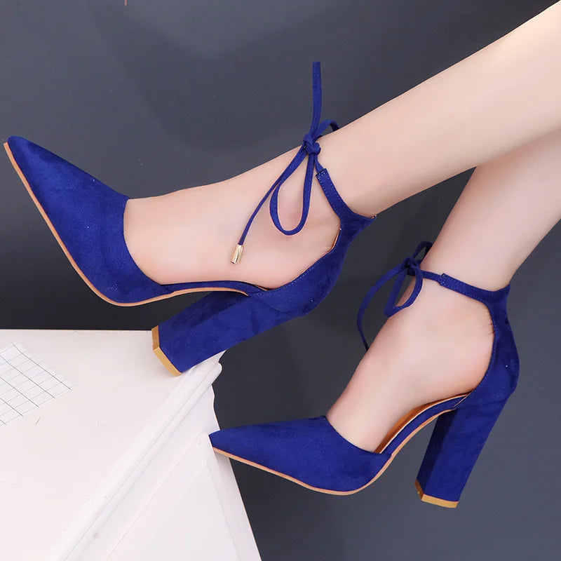 Autumn New Pointed Thick Heel Strap High Heel Shoes Elegant Fashion Solid Color Party High Heel Sandals Shoes for Women Aiertu