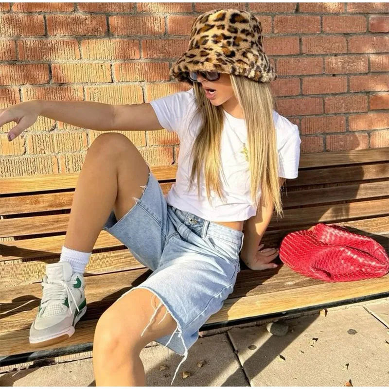 AIERTU  -  Leopard Print Faux Fur Bucket Hat Women Winter Warm Plush Fluffy Fisherman Cap Fashion Trendy Vintage Soft Cozy Wide Brim Hat Aiertu