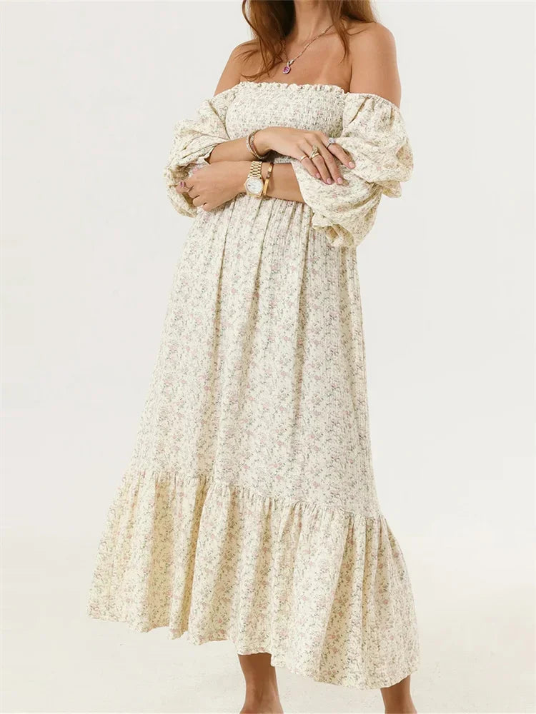 AIERTU  -  Woman Vintage Floral Dress Puff Long Sleeve Off Shoulder Ruffle Long Dress Spring Fall Casual Vintage Bohemian Dresses Aiertu