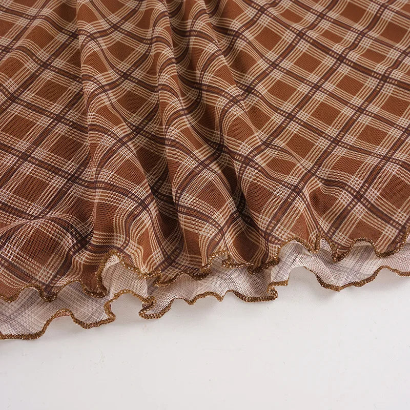 AIERTU  -  Plaid Midi Skirt High Waist Mesh A Line Skirt Brown Checkered Lace Trim Wavy Hem Vintage Streetwear Ladies Skirt Aiertu