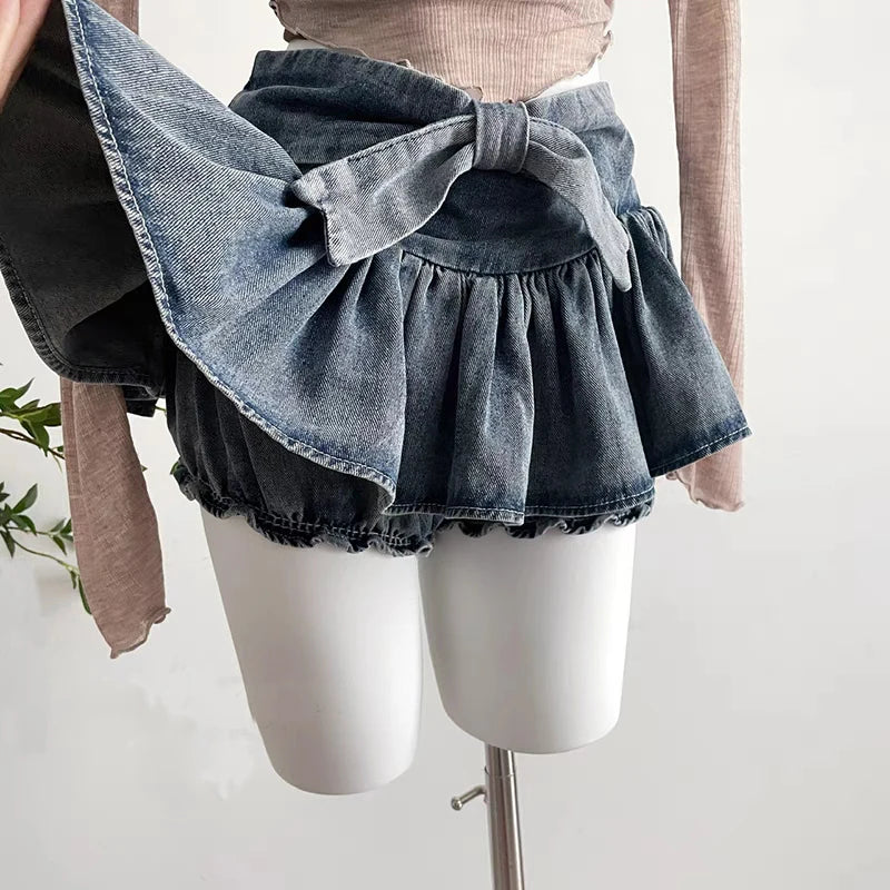 Aiertu Grunge Y2k Bow Denim Skirt with shorts Kawaii Women Vintage Gyaru Ruffle Low Waist Sexy Pleated Mini Skirts Summer Streetwear Aiertu
