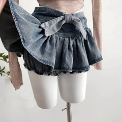 Aiertu Grunge Y2k Bow Denim Skirt with shorts Kawaii Women Vintage Gyaru Ruffle Low Waist Sexy Pleated Mini Skirts Summer Streetwear Aiertu