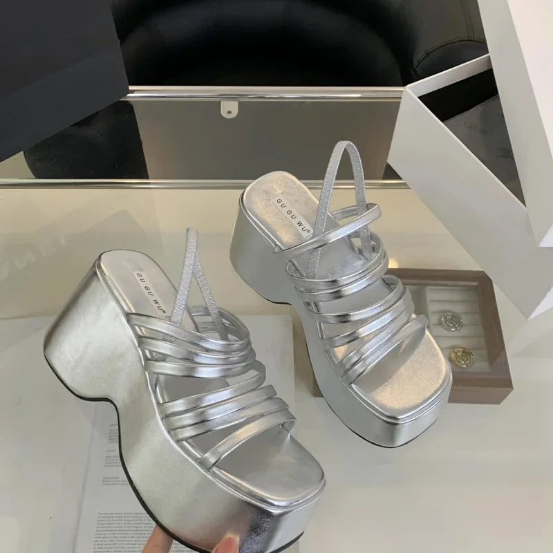 Aiertu Silver Wedge Sandals Women Platform Shoes Black Belt High Heels Gladiator Chunky Heeled  Summer Wedges Aiertu