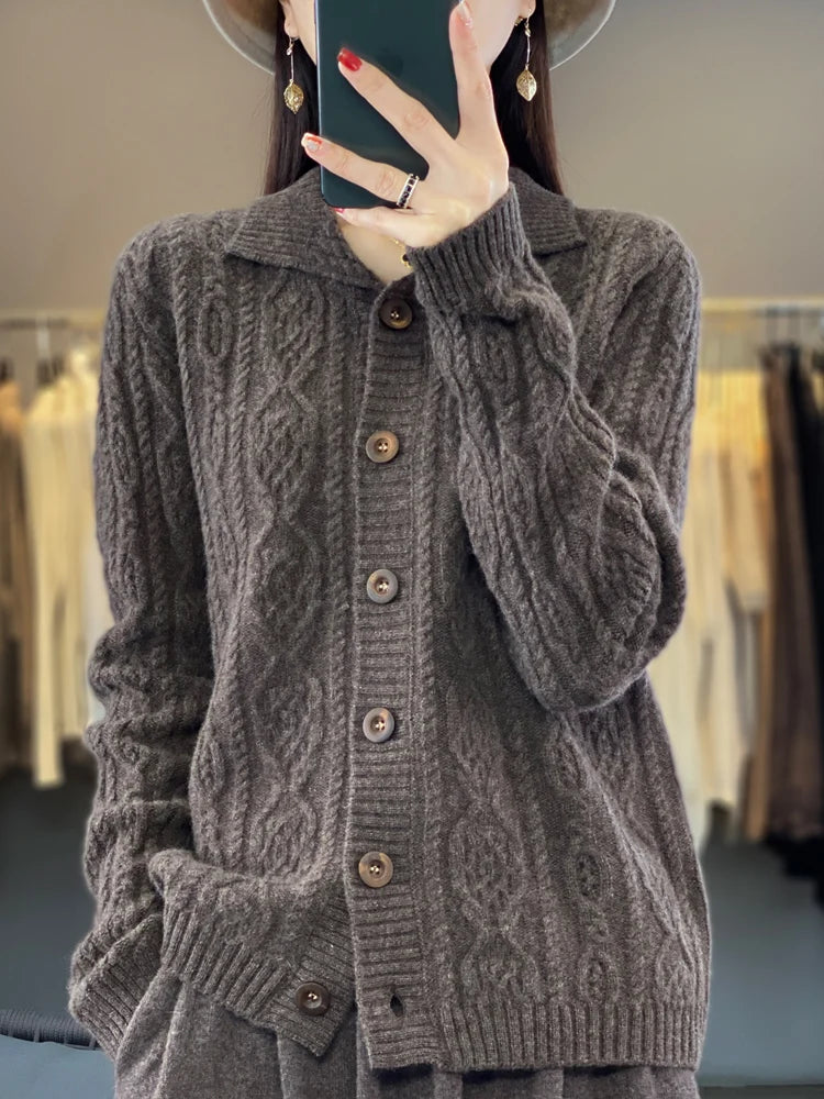 Autumn Winter Coat Women Turn-down Collar Cardigans Sweater 100% Merino Wool Knitwear Loose Twist Flower Cashmere Clothing Tops Aiertu