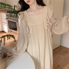 AIERTU  -  Long-sleeved Nightdress Women's Spring and Autumn New Sweet Solid Color Lace Lace Ruffle Edge Thin Pajamas Skirt Loungewear Aiertu