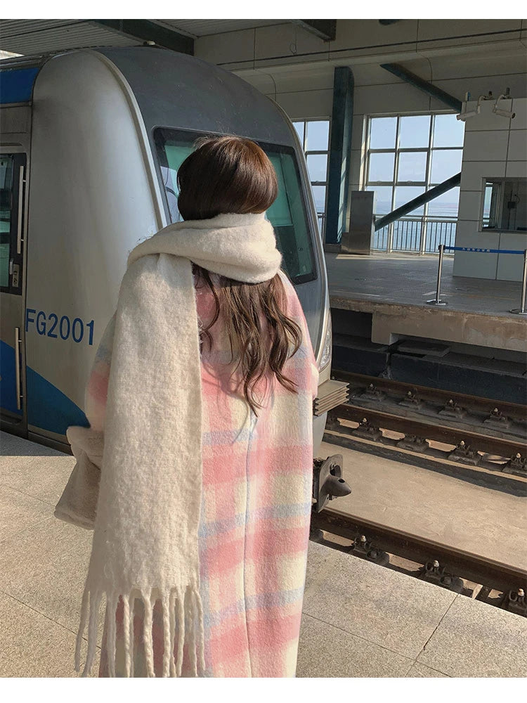Aiertu Winter Rainbow Woollen Coats Women Casual Warm Loose Plaid Long Coats Female Korean Fashion Office Lady Trench Jackets Y2k Aiertu