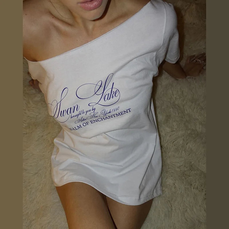 AIERTU  -  Women T-shirt Slanted Neck Loose Letter Print Pattern Solid Color Simple Fashion Daily Leisure Versatile Short Sleeve Top Aiertu