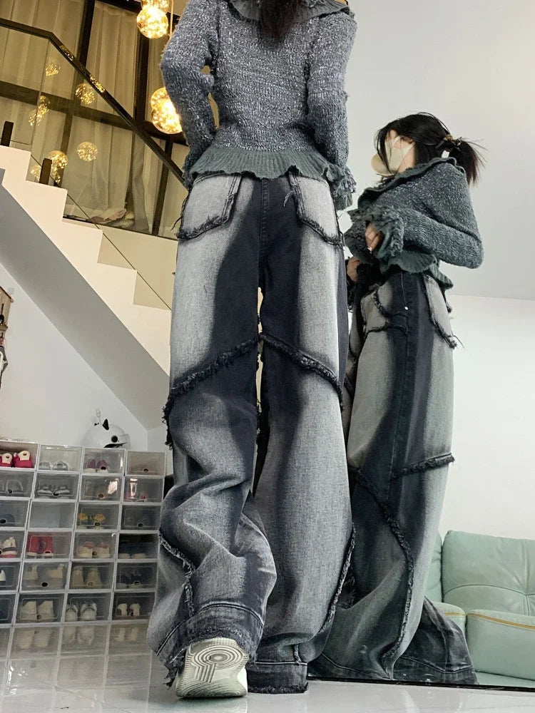 Aiertu Y2k Baggy Jeans Women Vintage Streetwear Hip-hop  Harajuku Design Wide Leg Denim Pants 2024 Spring Fashion Aiertu