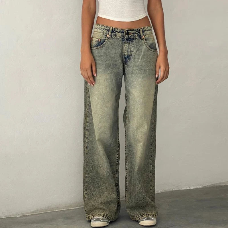 AIERTU  -  Women Y2K Low Rise Baggy Jeans Retro Aesthetic Loose Fit Boyfriend Straight Wide Leg Jeans Trendy Stretch Long Denim Pants Aiertu