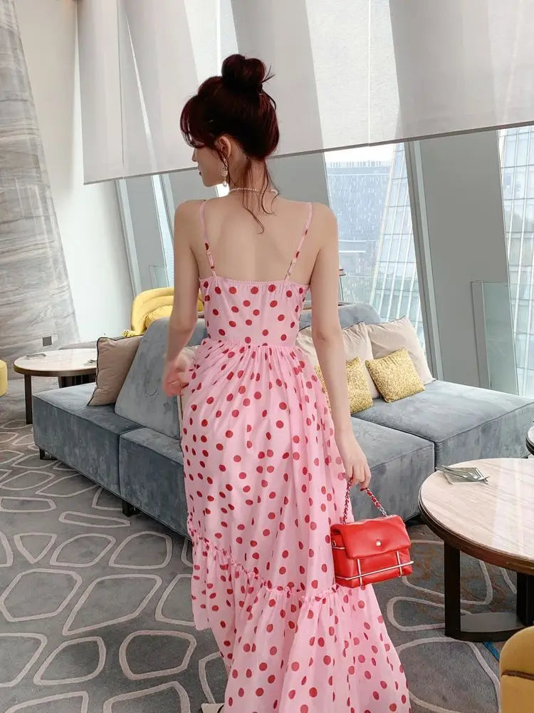 Aiertu Women Vintage Sexy Dot Dress Retro Party Dress Summer Sleeveless French Waist Up Sweet Fairy Big Swing Skirt Long Sundress Aiertu