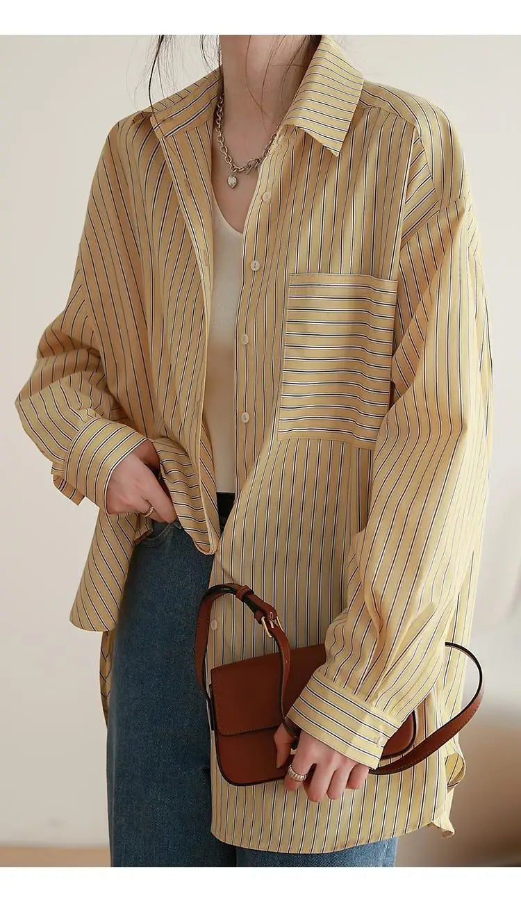 Aiertu Office Lady's Elegant Shirt Jacket Women's Loose Striped Long Sleeved Shirts And Blouses Summer Trend Korean Sweet Casual Top Aiertu