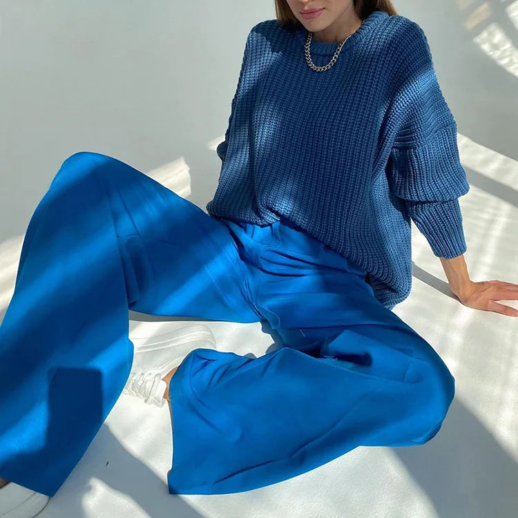 Aiertu Blue Office Women'S Pants Fashion Loose Full Length Ladies Trousers Casual High Waist Wide Pants For Women Aiertu