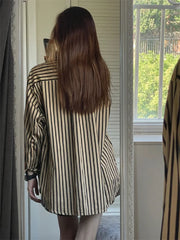 Aiertu Striped Oversized Shirt for Women New Korean Fashion Turn Down Collar Split Chic Blouse Office Ladies Casual Long Top Aiertu