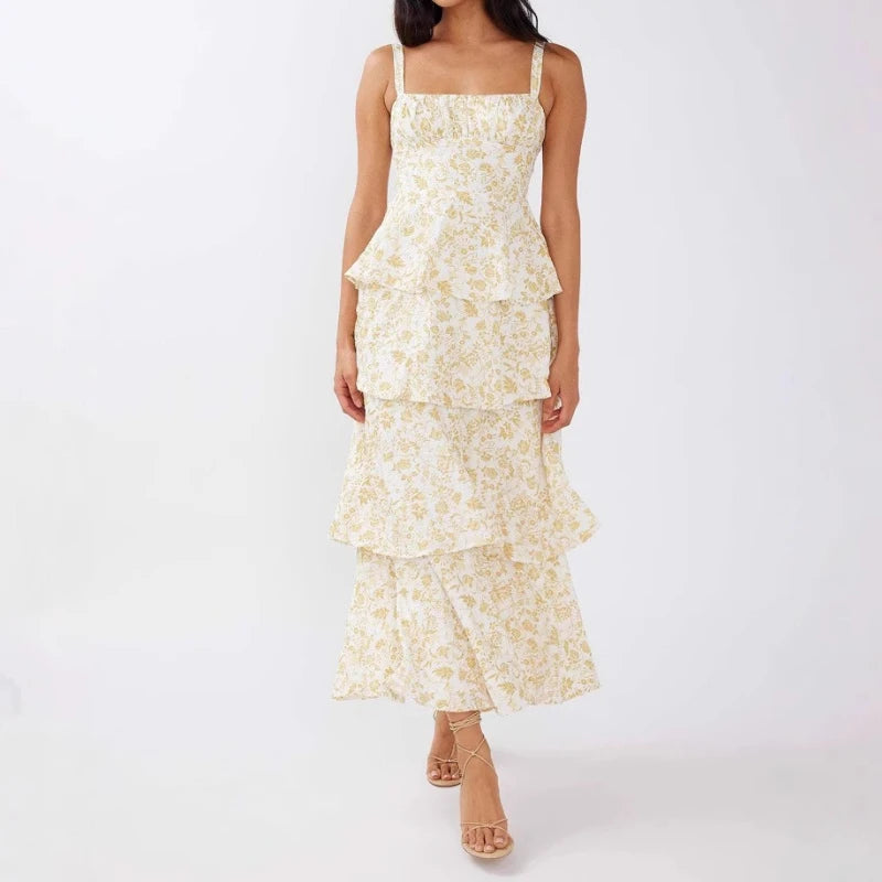 AIERTU  -  Cake Dress Floral Printed Sleeveless Straps U Neck Tank A Line Slim Waist Strap Tierred Holiday Beach Summer Long Dress Women Aiertu