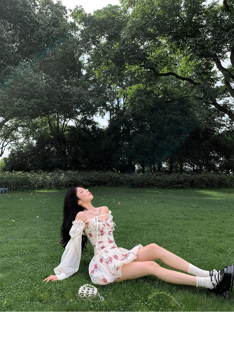 Aiertu Sweet Floral Sexy Strap Dress Women Folds Designer Casual  Mini Fairy Dress Female 2024 Summer Puff Sleeve Korean Princess Dress Aiertu