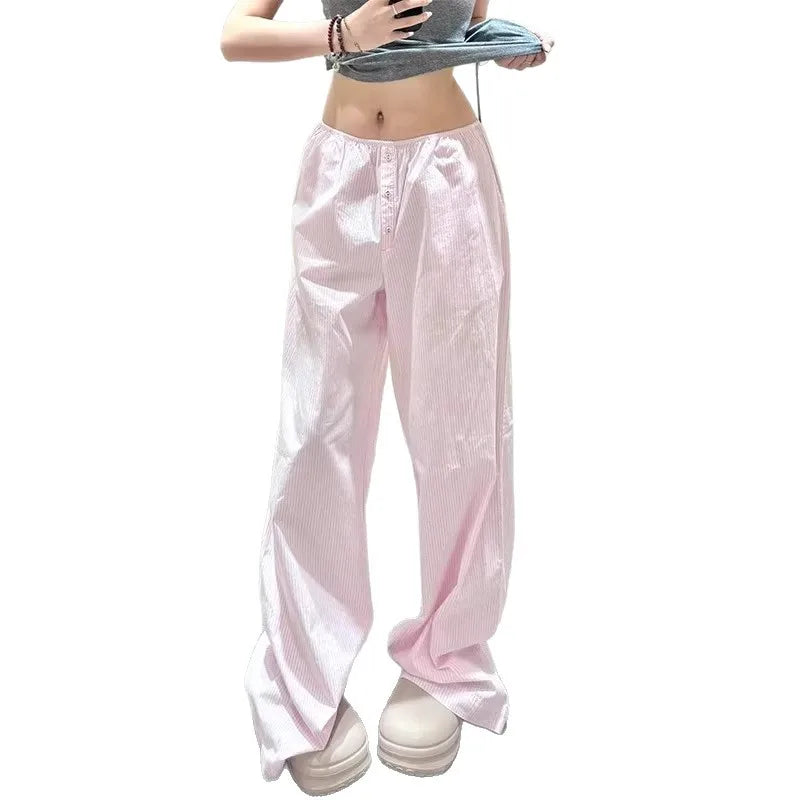 AIERTU  -  New Ins Korean Style Pink Striped Wide Leg Pants Women High Waist Loose Plus Size Casual Long Pants Summer Lounge Trousers Aiertu