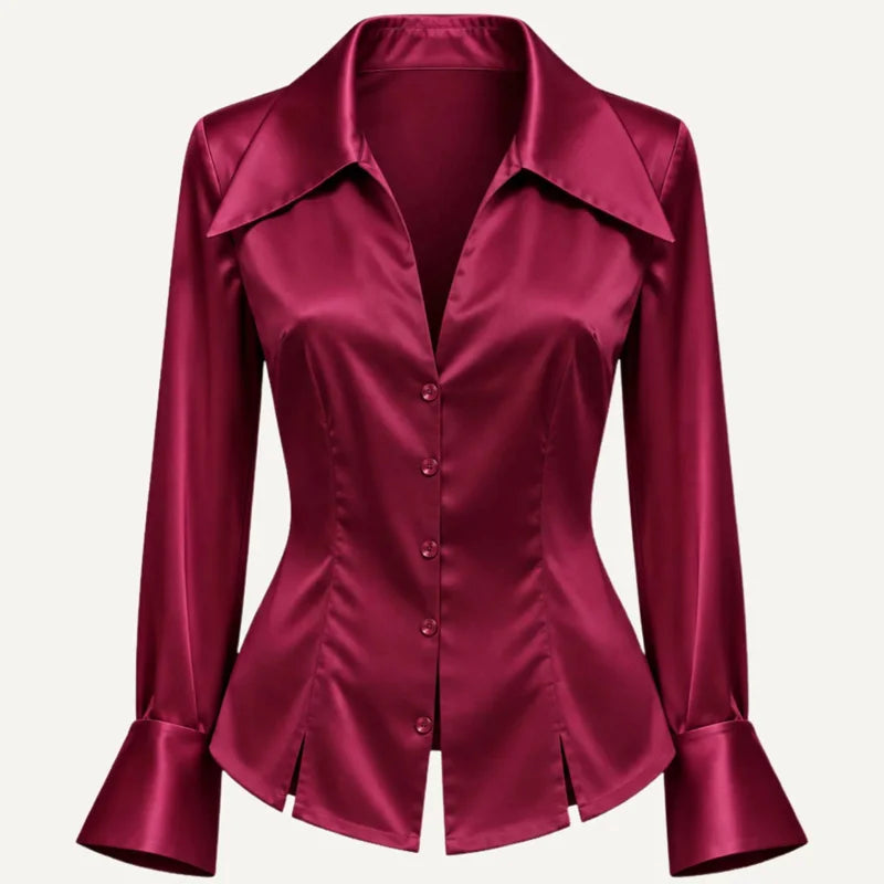 AIERTU  -  Satin Blouse Deep V Neck Button Front Long Sleeve Cinched Waist Daily Casual Office Slim Fit Collared Spring Autumn Blouse Aiertu