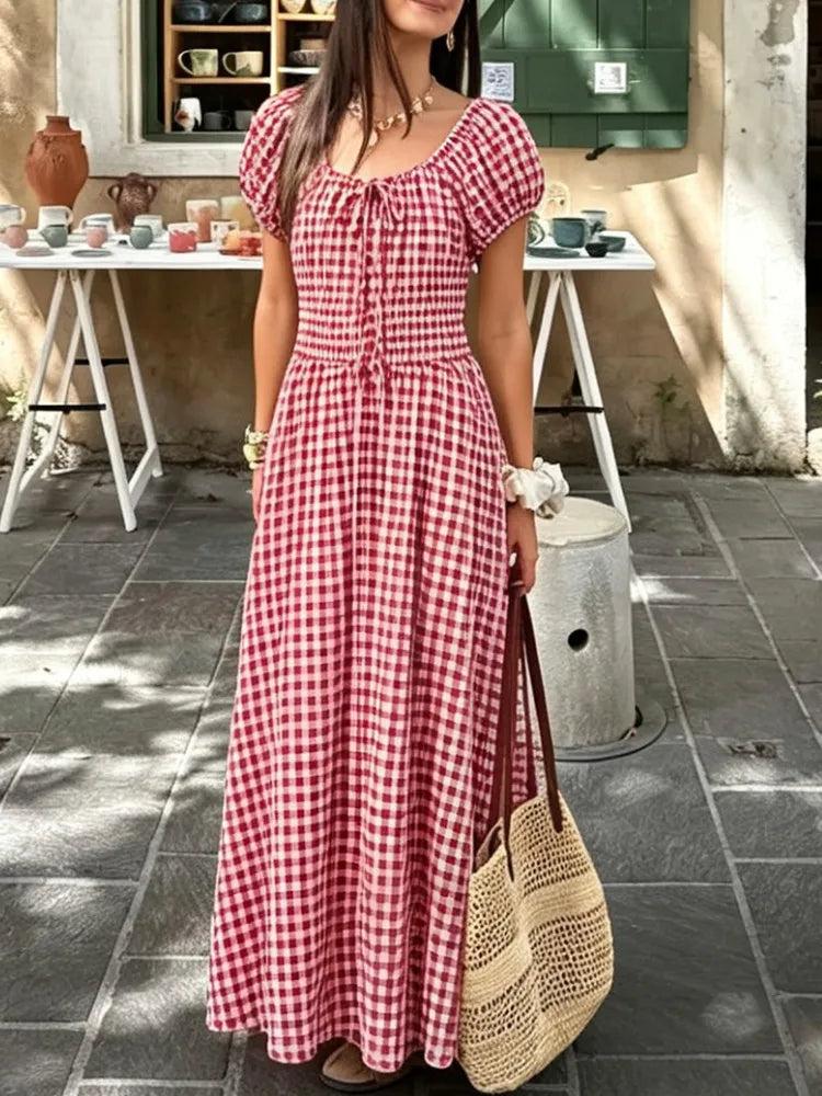 AIERTU  -  Elegant Long Bubble Sleeve Waist-Cinching Dress Women's Fashion Summer Casual Loose Fit A-Line Skirt Short Sleeve Aiertu