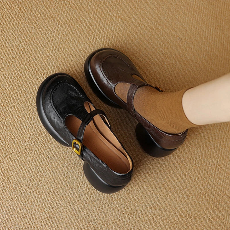 Aiertu NEW Spring/Autumn Women Pumps Genuine Leather Shoes for Women Round Toe Mary Janes Chunky Heel Women Pumps Buckle Platform Shoes Aiertu