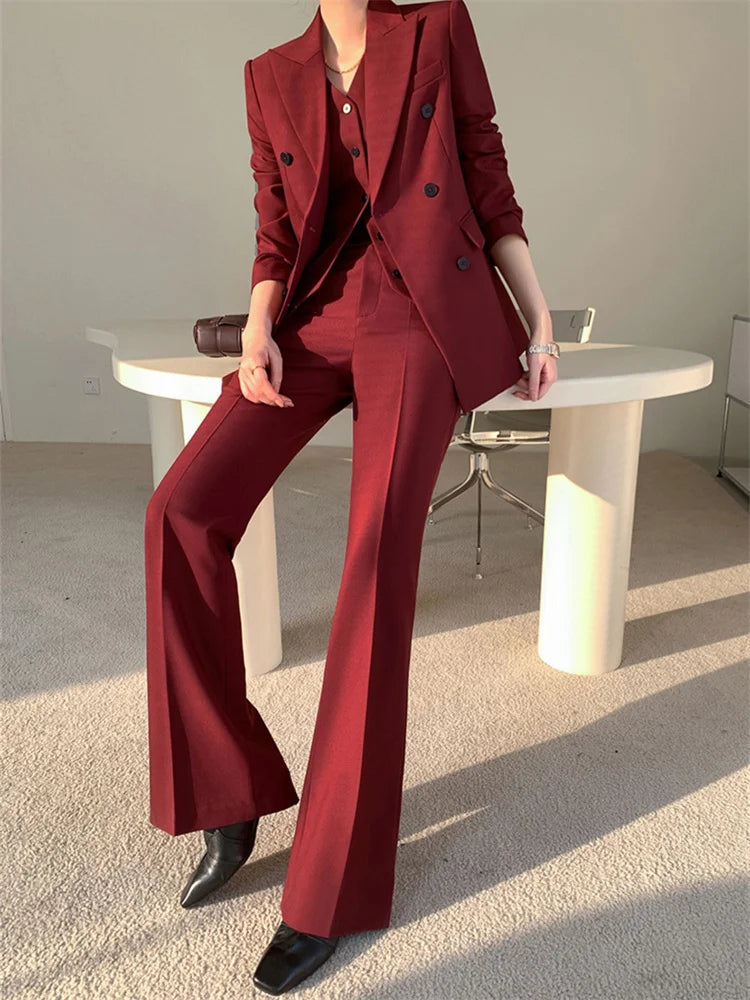 Aiertu Burgundy Suit Set Women Spring Office Ladies Lapel Single Breasted Vest Wide Leg Pants Blazer Three Piece Set Aiertu