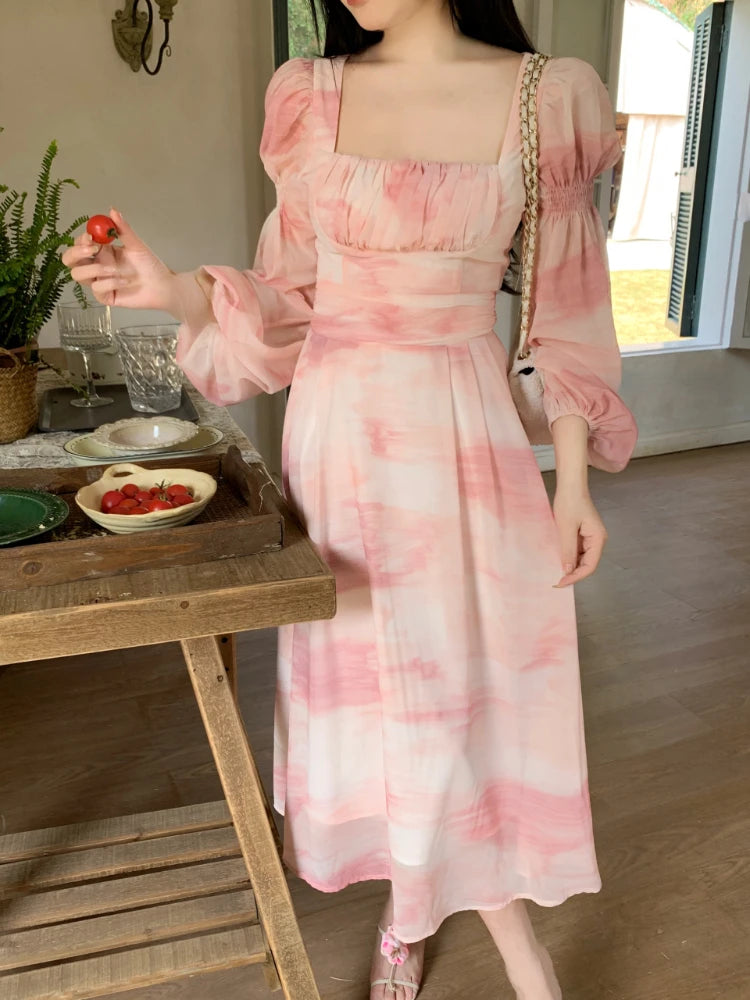 Aiertu Chiffon Long Sleeve Floral Midi Dress Chic French Slim Elegant Women Dress Casual Fashion Beach Style Office Lady Dresses Aiertu